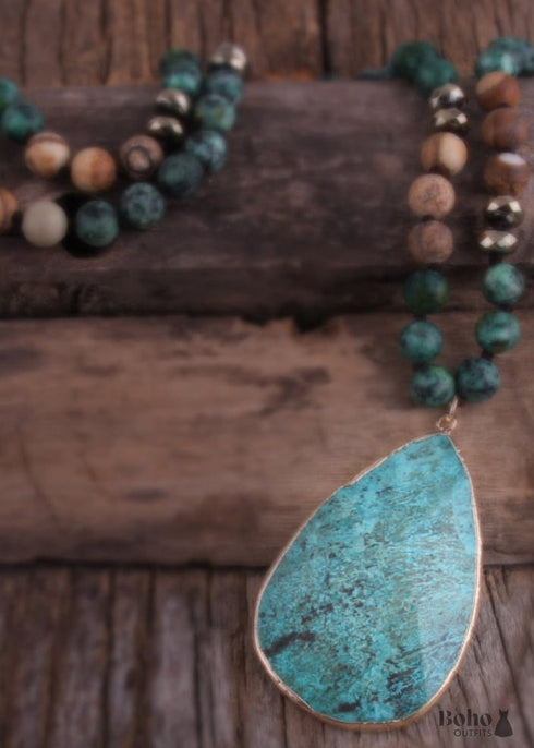 Boho Necklace, RH India Agated Green Oval Natural Stone